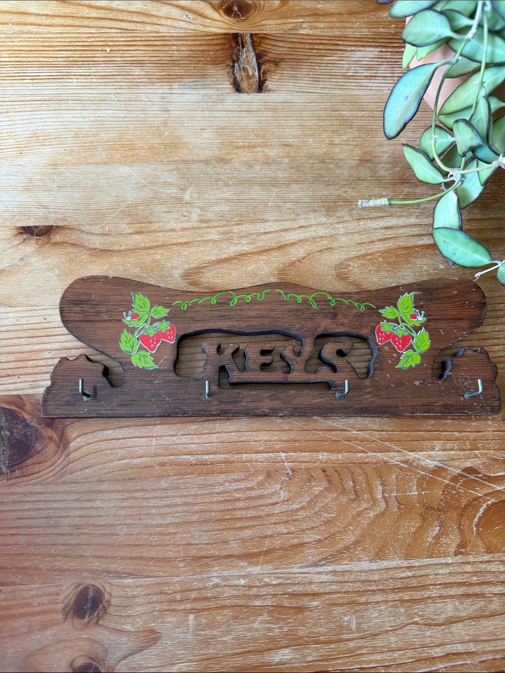 Vintage Wooden 'Keys' Wall Hook with Strawberry Accents